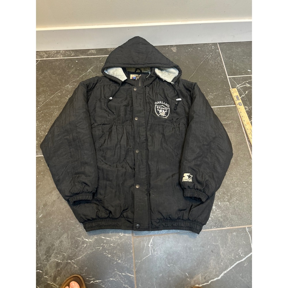 Vintage Starter Oakland Raiders NFL Puffer Jacket Black Parka Mens XL 90s Heavy